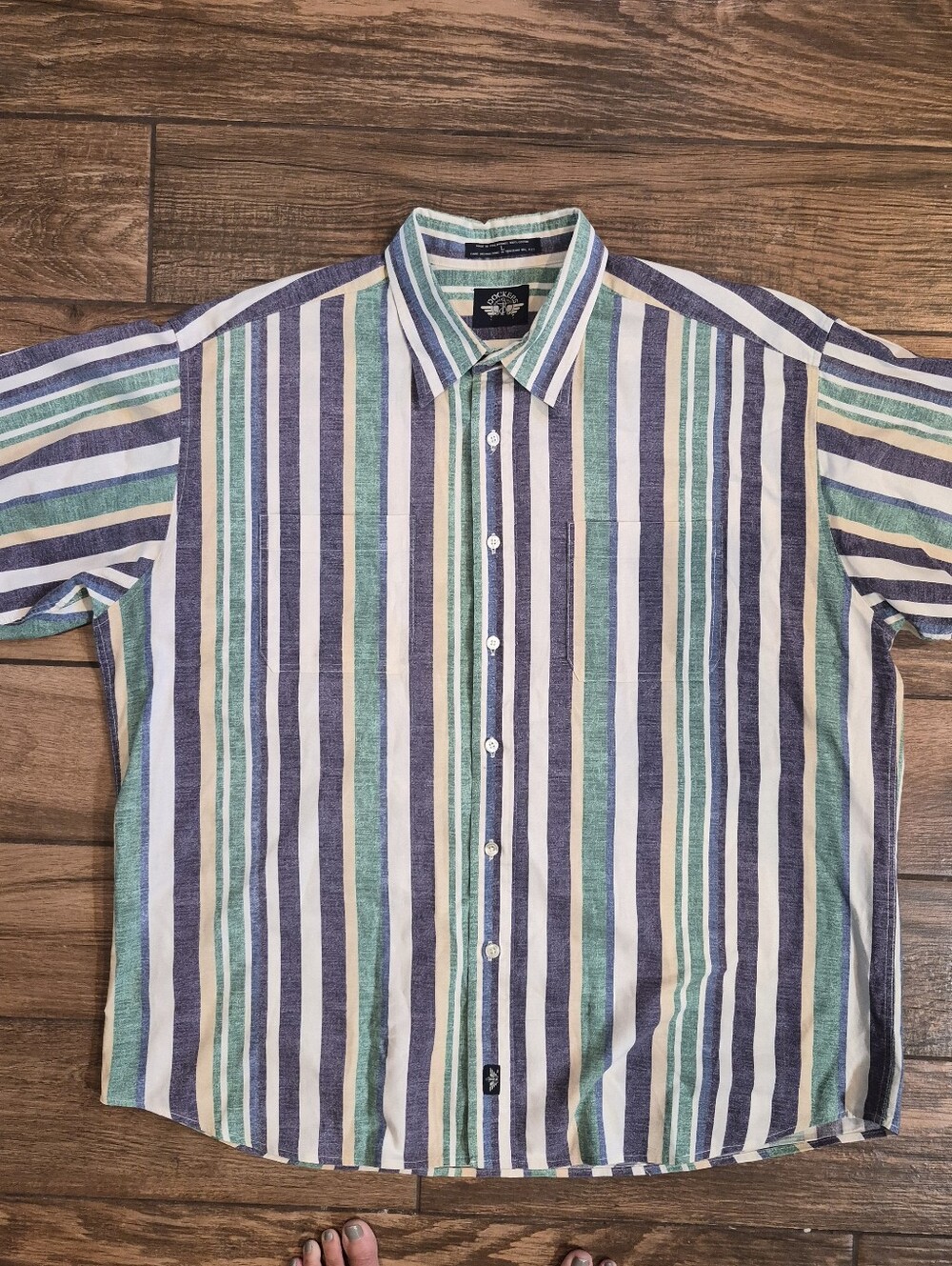 VINTAGE Dockers Short-Sleeve Stripe Button-Down - Blue, Green & White